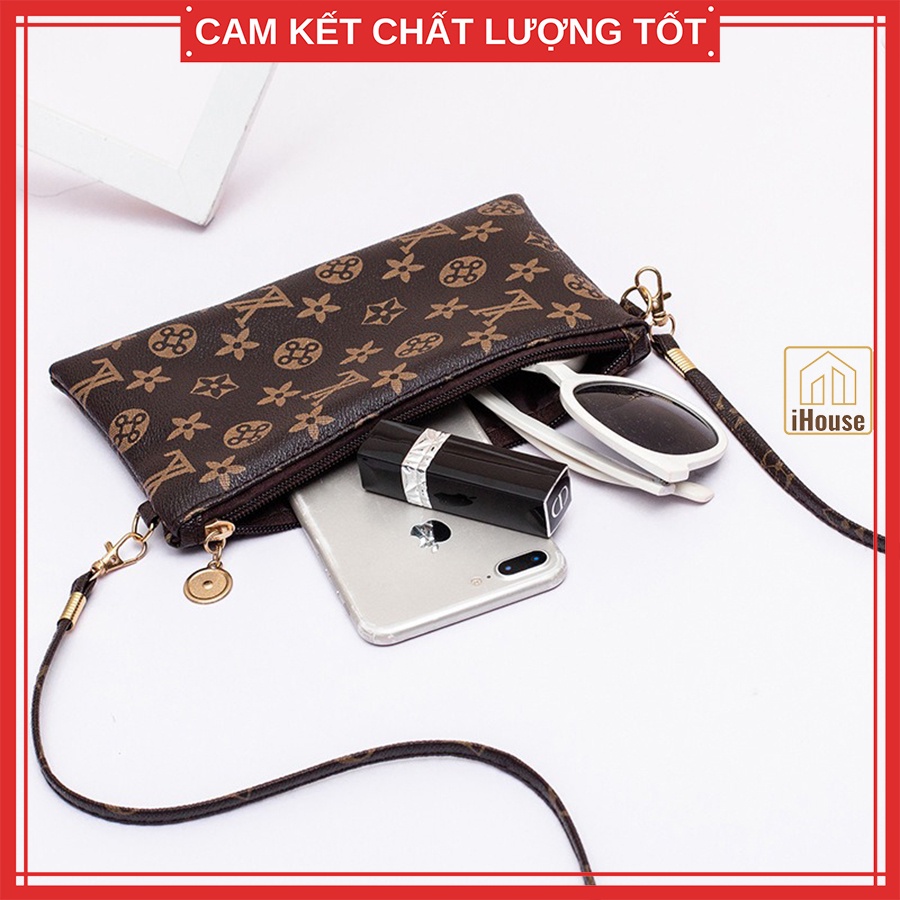 Túi ví ngang nữ có dây đeo vai giá rẻ, Cluth clutch ngang nữ để điện thoại màu nâu Cafe dây đeo nâu và đỏ