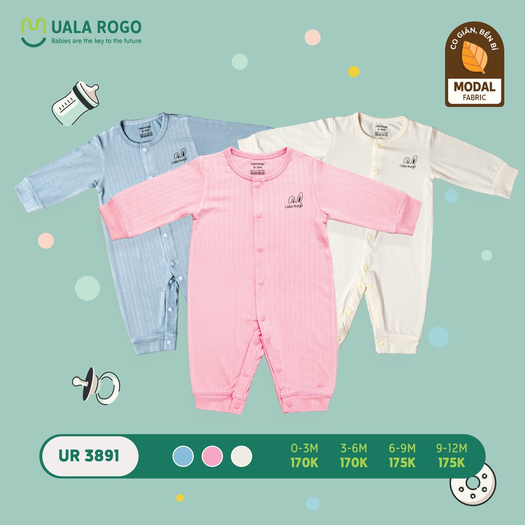 Bodysuit dài tay modal sợi sồi trơn vân sọc mềm mịn cao cấp bé trai bé gái Uala Rogo 3608