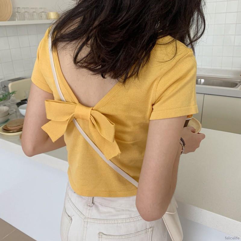 Áo thun dệt kim tay ngắn phối nơ lưng thiết kế hở lưng quyến rũ