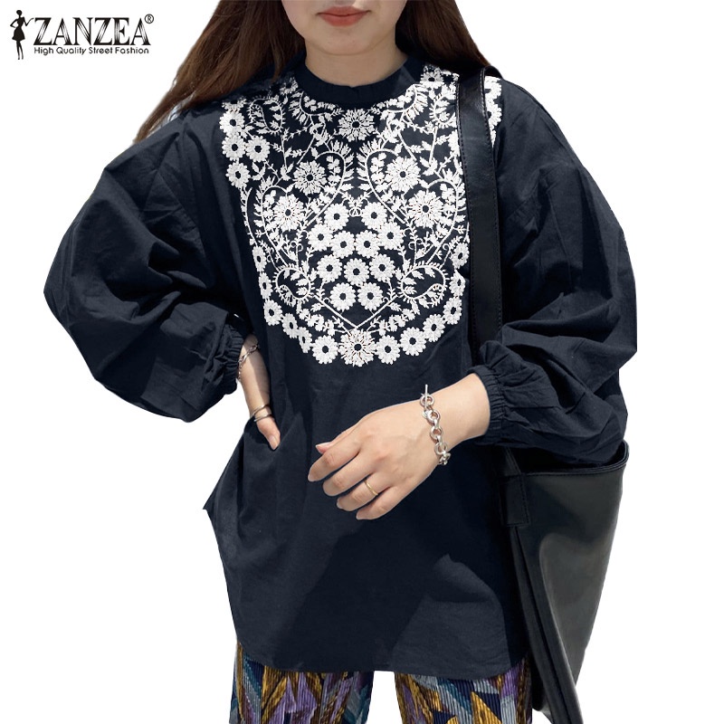 Áo kiểu ZANZEA vải cotton tay dài họa tiết thêu hoa giản đơn kiểu cổ điển cho nữ