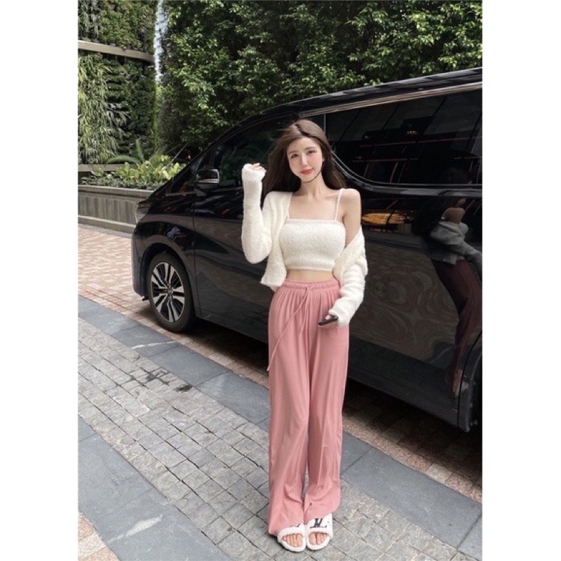 [SẴN ] Set áo lông 2 dây+áo khoác lông tay dài cực xinh 4 màu xanh/hồng/trắng/đen | BigBuy360 - bigbuy360.vn