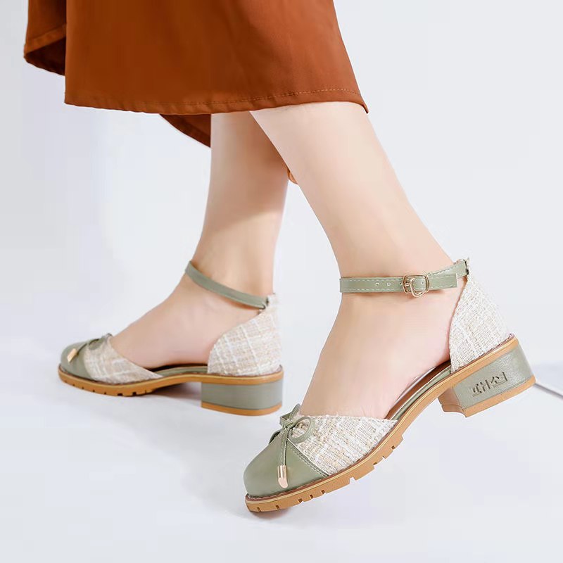 Giày Sandal Giày nữ phong cách Nhật Bản gót thô 4cm đính nơ