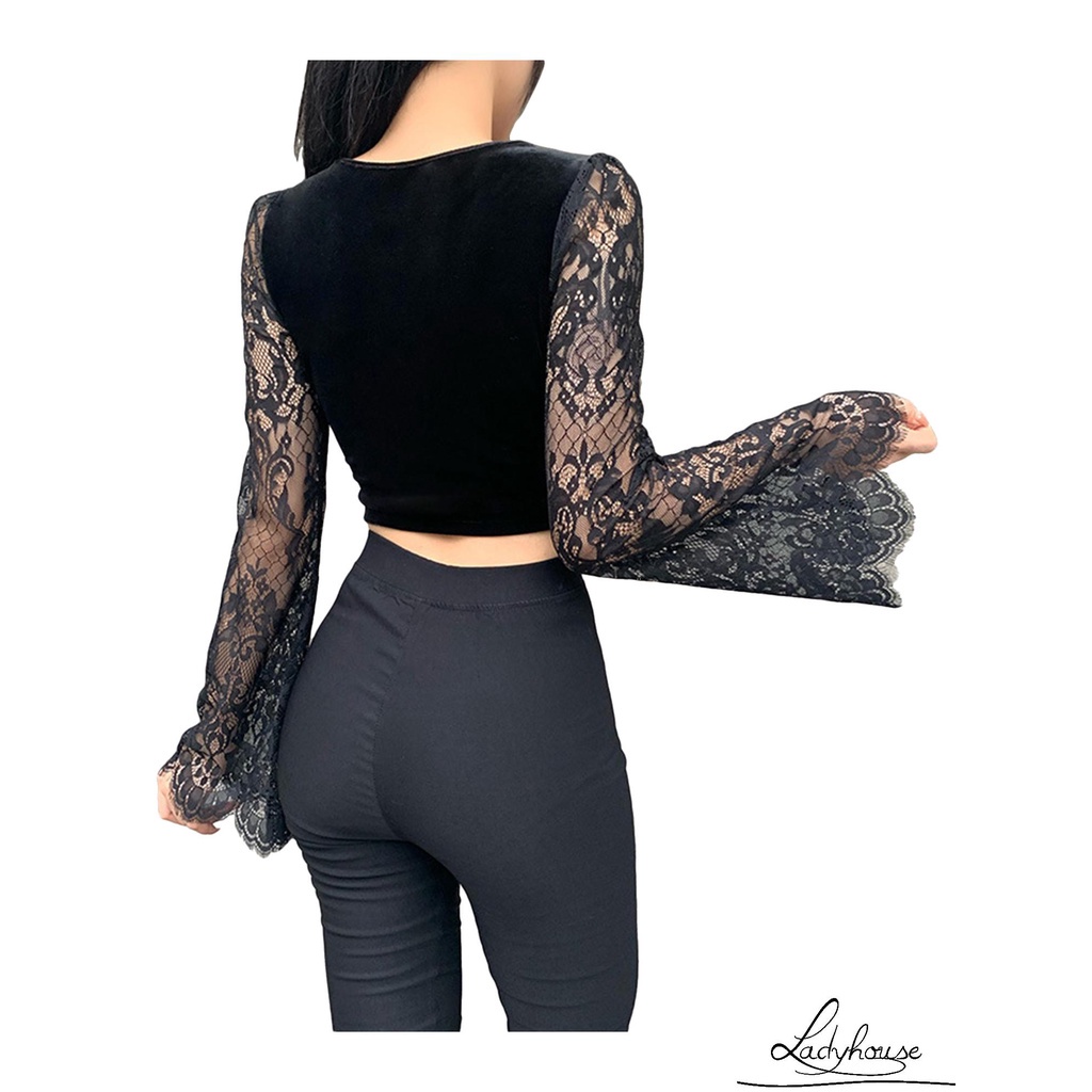 Áo croptop tay loe cổ chữ V phối ren xuyên thấu gợi cảm cho nữ