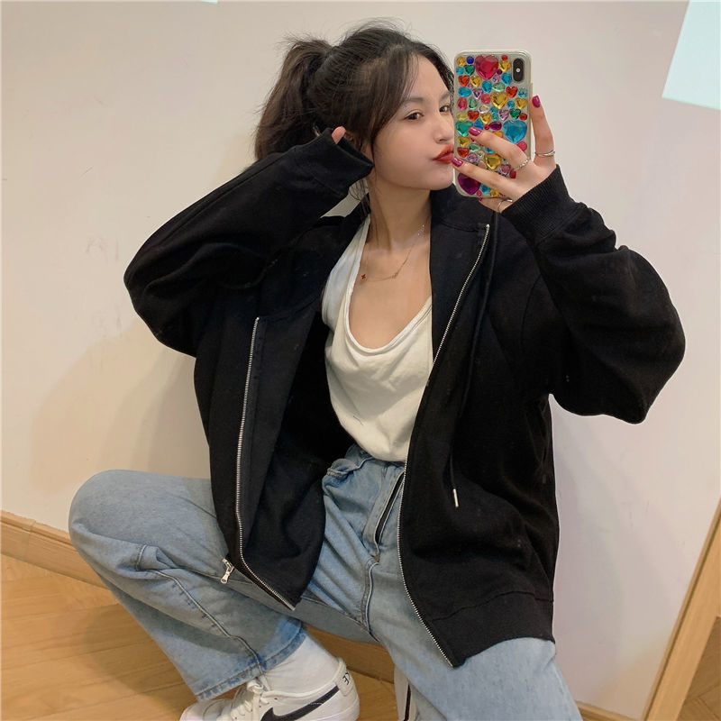 Caring Hong Kong Style Sweatshirt Women's Spring and Autumn Loose Korean StylefThin Section Zipper Street Coat