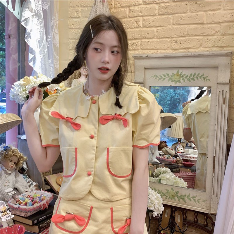 Set áo sơ mi cổ búp bê đính nơ + chân váy lưng cao dáng ôm thời trang mùa hè Nhật Bản dễ thương cho nữ có bán lẻ