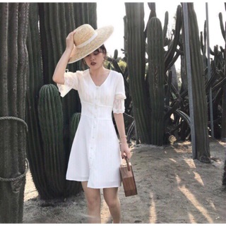 Đầm cổ V tay lưới thêu ren