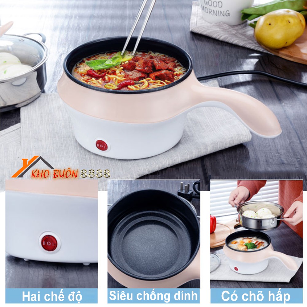 Nồi đa năng cao cấp Nồi lẩu mini chống dính Trưng Hấp Chiên Xào Nấu cơm mì tôm điện 220v có khay hấp