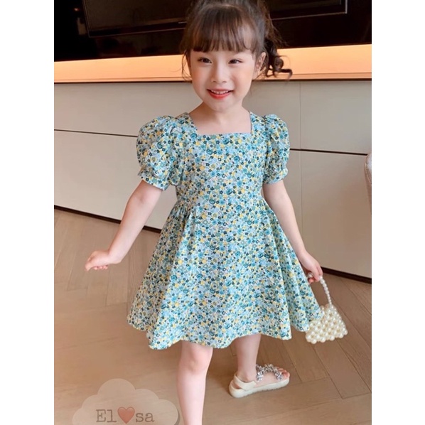 váy bé gái- váy họa tiết hoa nhí xanh siêu xinh cho bé 1-5t