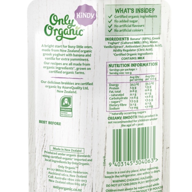 Dinh Dưỡng Ăn Dặm Hữu Cơ Sữa Chua Hy Lạp, Quả Vanilla Only Organic 120g