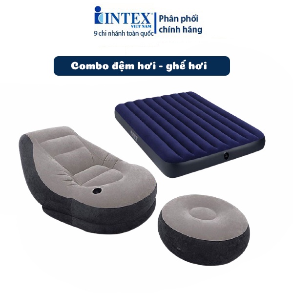 Bộ combo ghế hơi tựa lưng và đệm đôi INTEX tặng kèm bơm điện + gối hơi + bộ vá