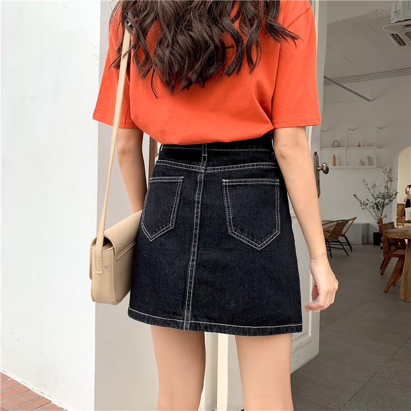 Kumivn order chân váy denim bò jeans chữ A lưng cao màu xanh đậm phối chỉ nổi có bigsize