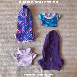 [SALE OFF 50%] Outfit tím cho doll 20cm (áo khoác kéo khóa, hoodie, áo cổ lọ, áo thun)