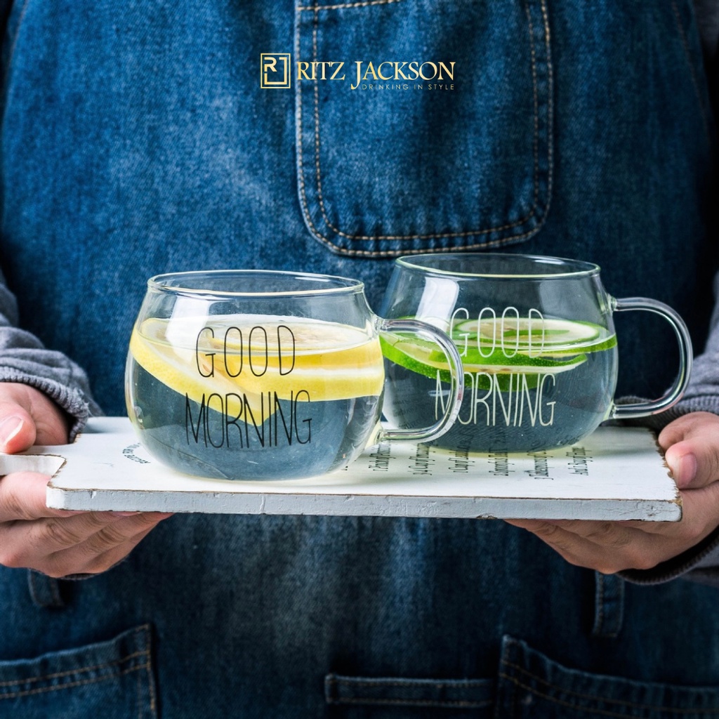 Ly thủy tinh GOOD MORNING 360ml, Cốc thủy tinh chịu nhiệt có quai dễ thương uống nước đẹp cute