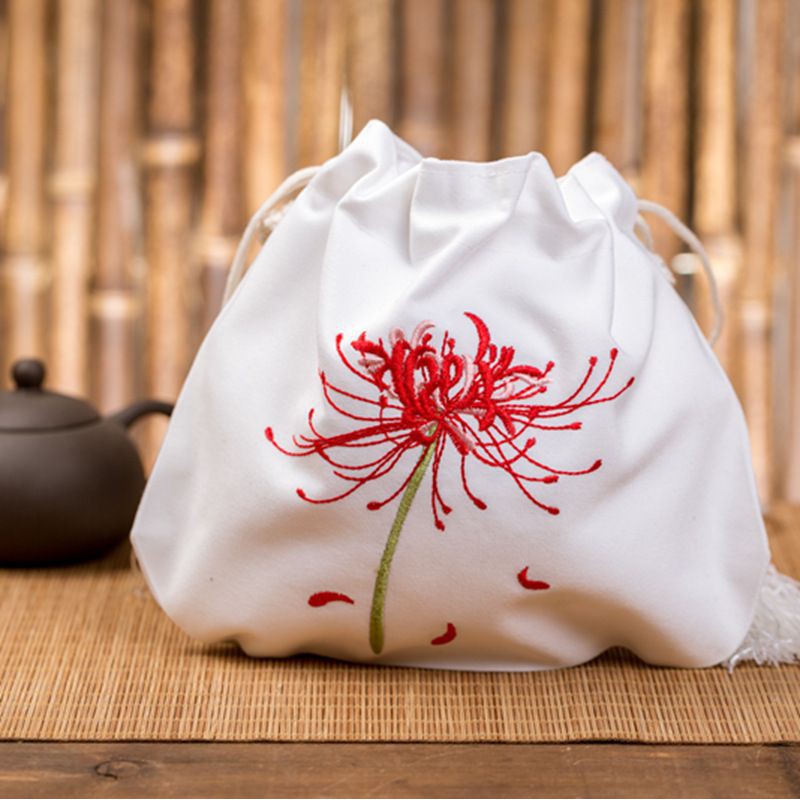Túi vải rút cổ phong đeo chéo hoạ tiết thêu