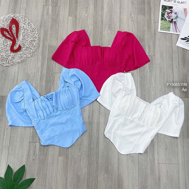 Áo croptop vạt V nhún lưng thun xếp ly ngực TT1506