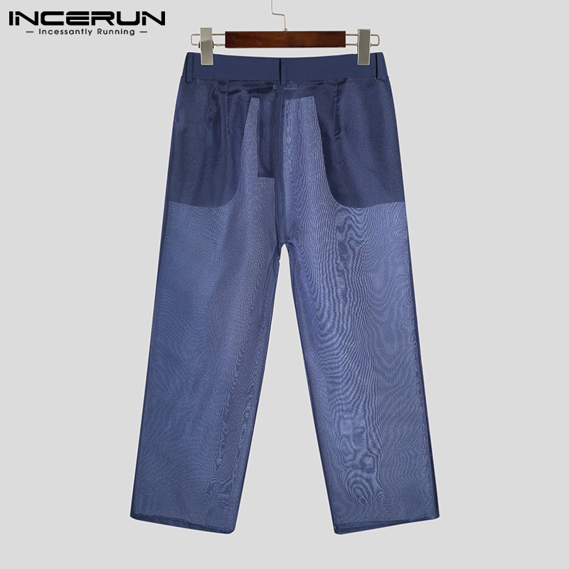 Quần lưới INCERUN xuyên thấu ống rộng thời trang gợi cảm cho nam
