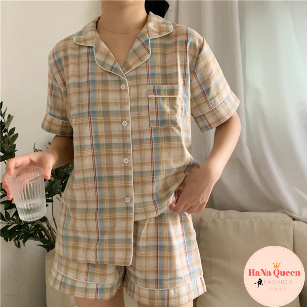 [Sẵn Hàng] Bộ đồ Pijama nữ ngắn tay quần đùi họa tiết kẻ phong cách Hàn Quốc cực xinh