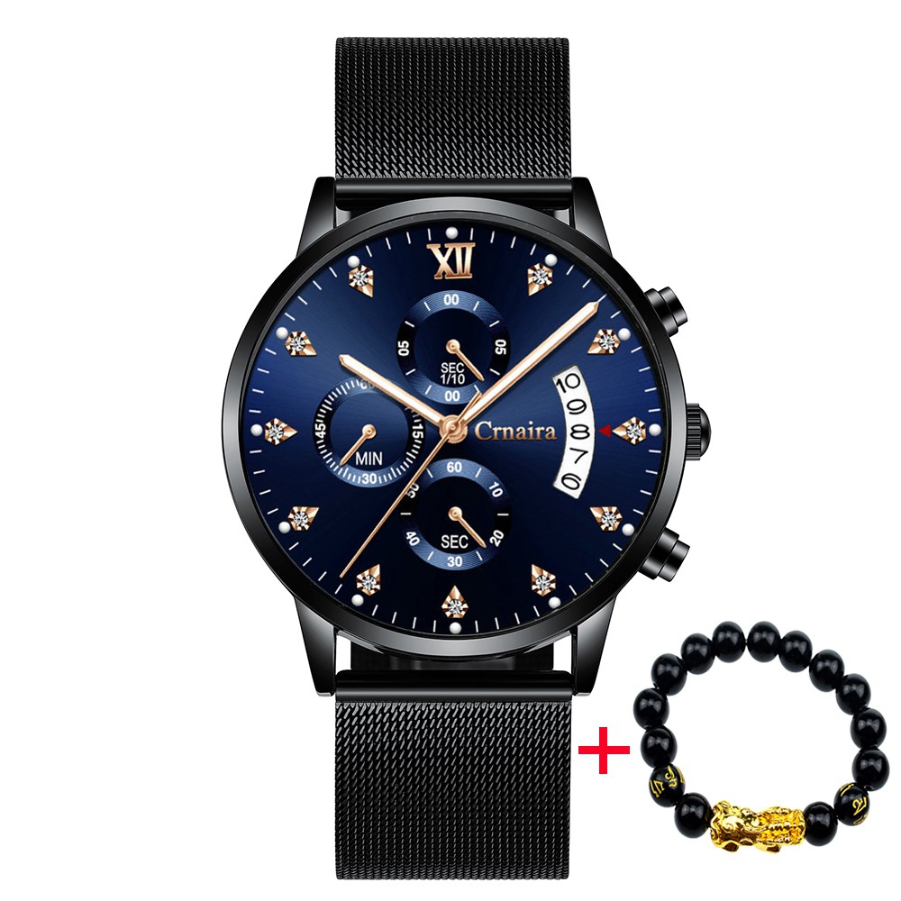 (FULL BOX) ĐỒNG HÔ NAM CHẠY 6 KIM CRNAIRA C209 DÂY MÀNH THÉP KHÔNG GỈ + tặng vòng tay