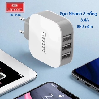 Củ sạc 3 cổng usb 3.4a sạc nhanh klh eu16, cóc sạc đa năng nhiều máy, dùng cho iphone samsung, oppo, xiaomi - earldom