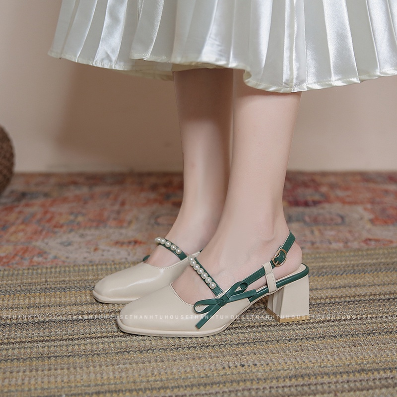 Giày Sandal Nữ Mũi Vuông Cao Gót Phối Nơ Hàn Quốc - ORSA002