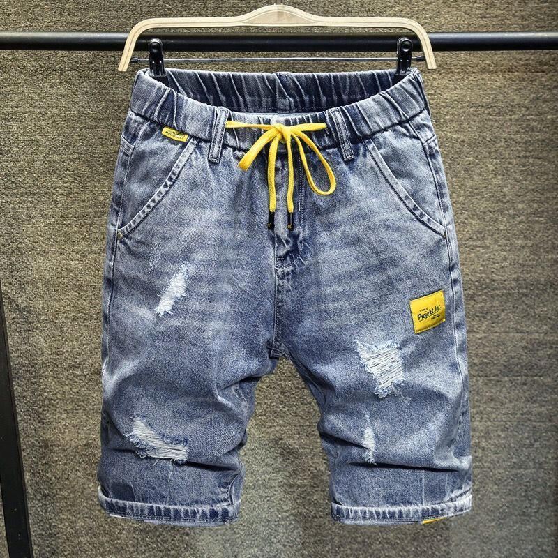 Quần short denim dáng rộng lưng thun phối dây rút phong cách Hàn Quốc cá tính thời trang cho nam