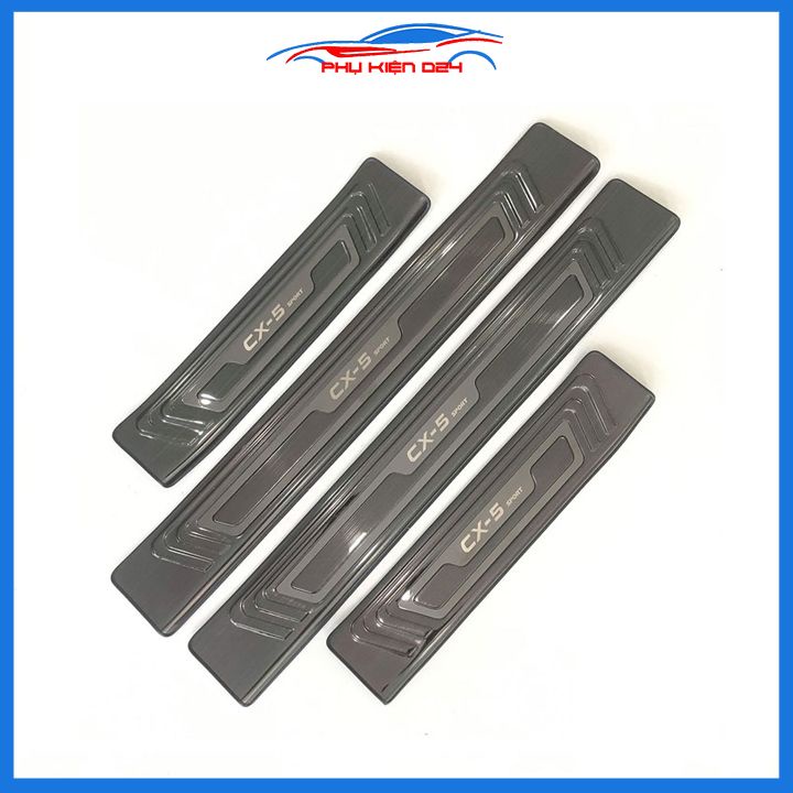 Bộ ốp bậc cửa trong ngoài nẹp bước chân Mazda CX-5 2014-2015-2016-2017-2018-2019 vân Titan chống trầy trang trí xe