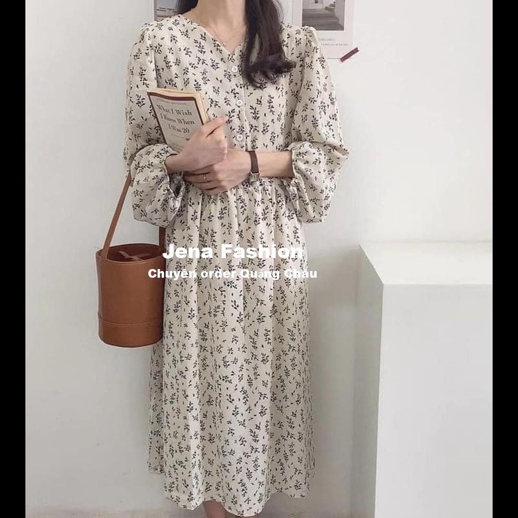 Váy hoa nhí Quảng Châu dáng dài 2 lớp, thắt nơ eo hoạ tiết cỏ vintage hàng chất lượng cao- Jena Fashion | BigBuy360 - bigbuy360.vn