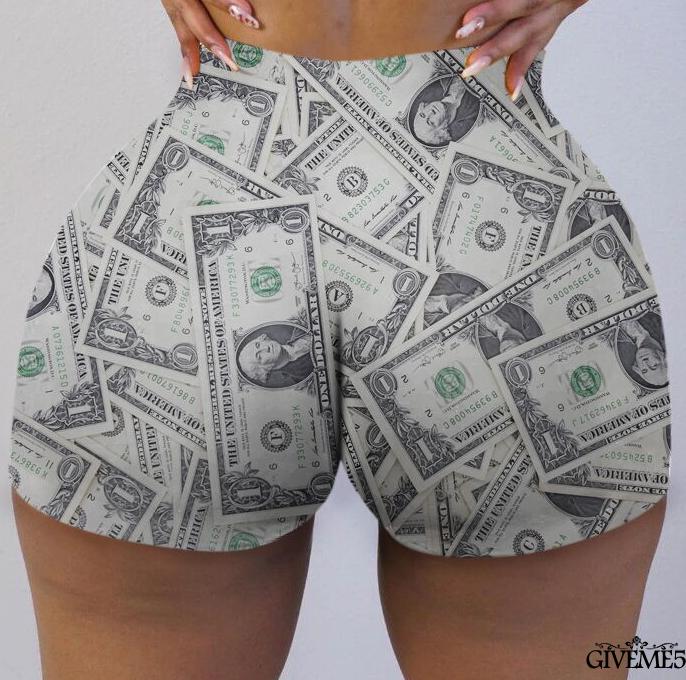 Quần short tập thể dục dáng ôm eo cao in hoạ tiết tiền đô thời trang mùa hè vui nhộn giản dị cho nữ