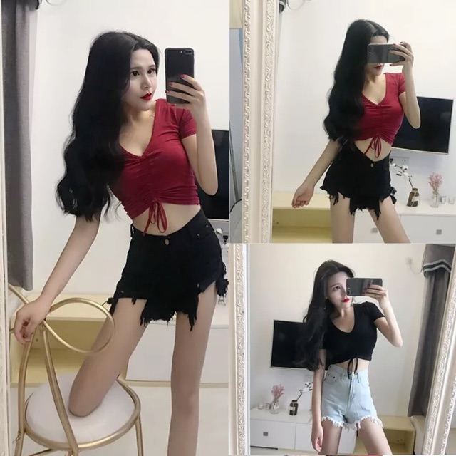 Áo Croptop Cổ Tim Rút Dây Ngực Tay Ngắn Sang Chảnh | BigBuy360 - bigbuy360.vn