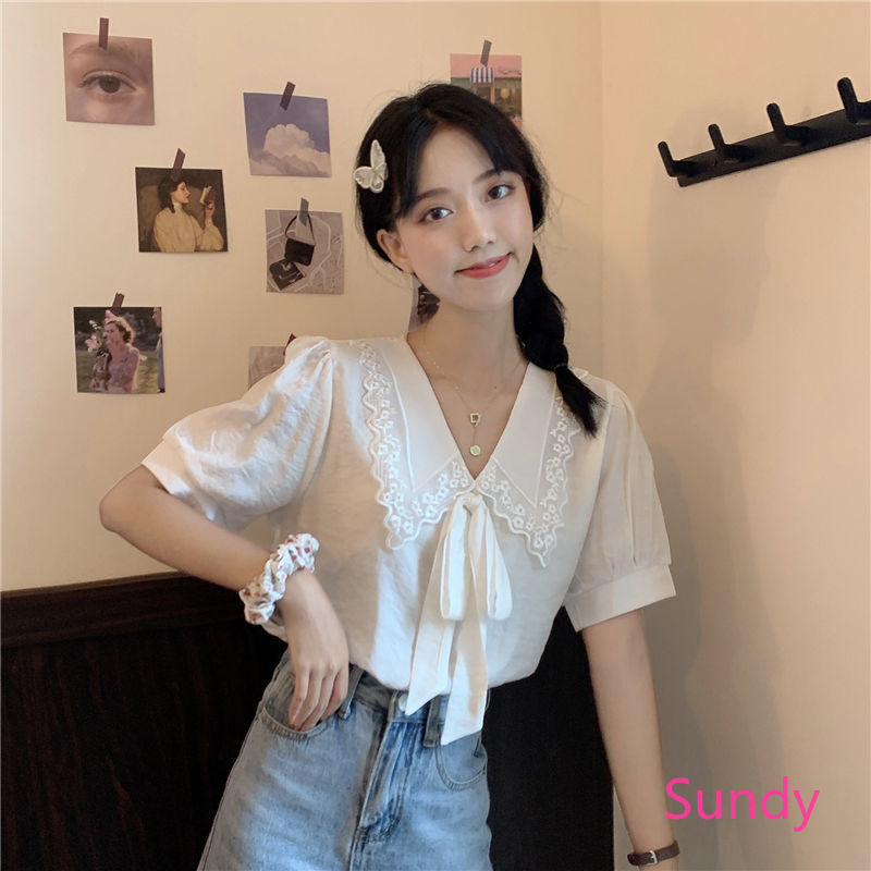 Áo Kiểu Chất Chiffon Tay Phồng Phối Ren Hoa Thiết Kế Ngọt Ngào Thời Trang Mùa Hè