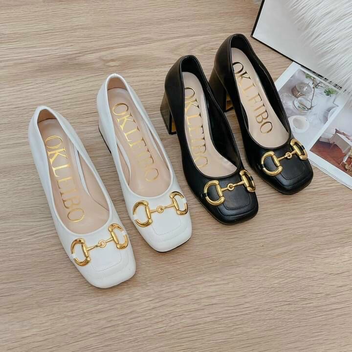 Giày cao gót nữ, gót vuông, mũi vuông gắn xích GG