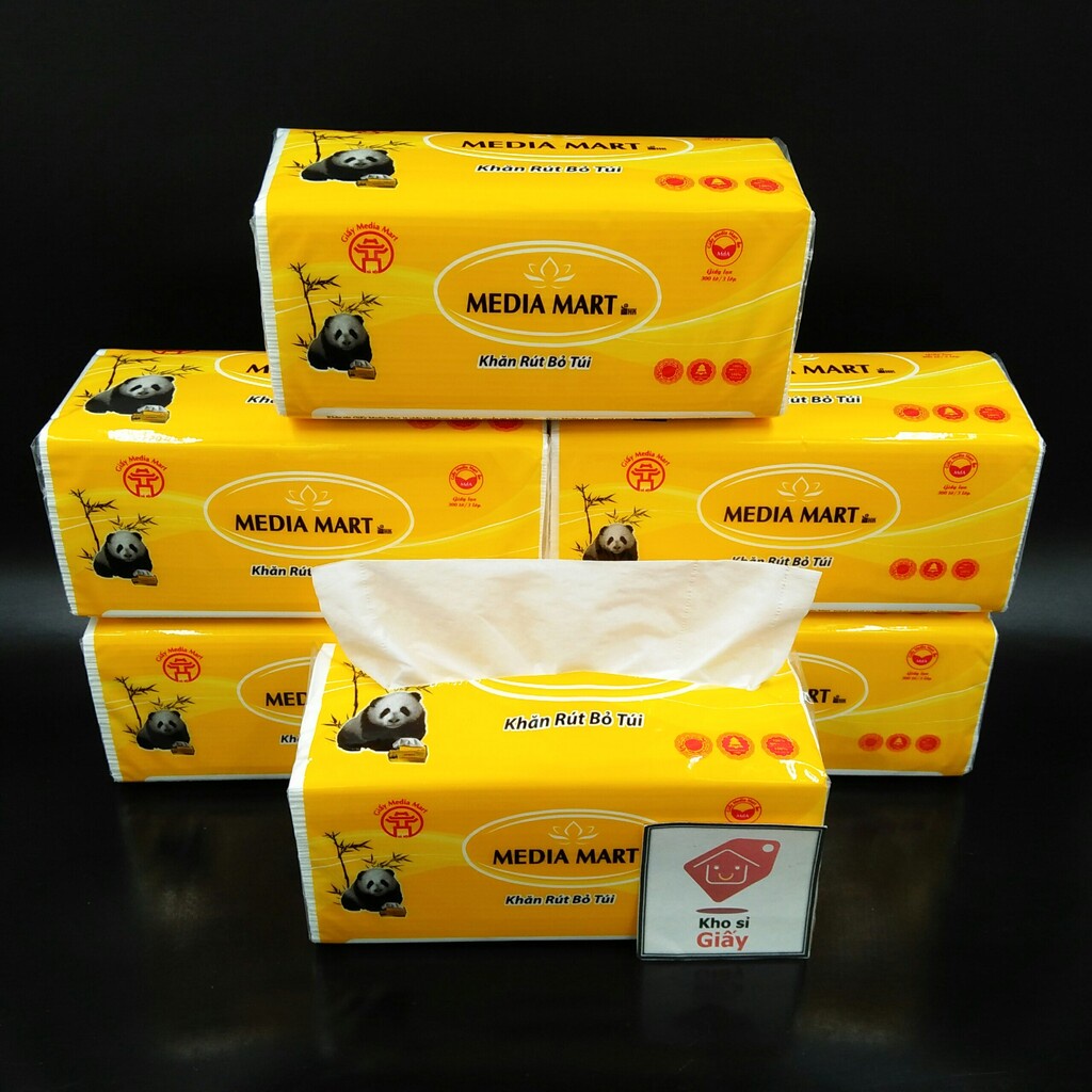 Combo 6 bịch khăn giấy rút Media Mart 300 tờ/3 lớp gấu trúc siêu dai mềm mịn - Giấy rút trắng loại 1 bịch lớn