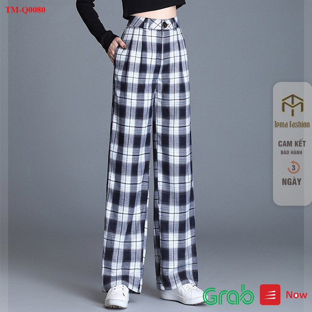 Quần ống rộng nữ TEMA - Quần kẻ caro đen trắng dáng dài lưng cao siêu xinh