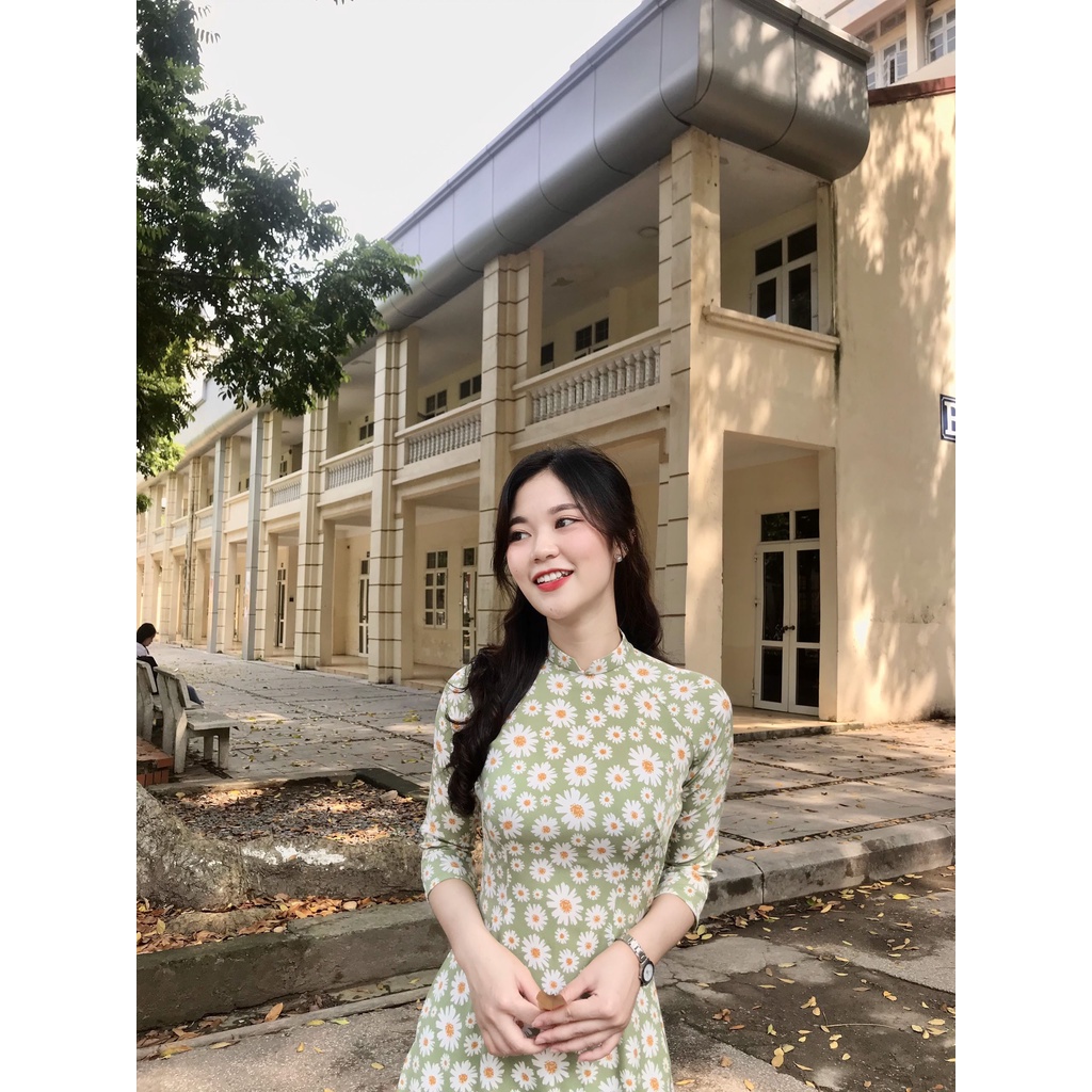 Áo dài truyền thống hoa nhí xanh hottrend 2022