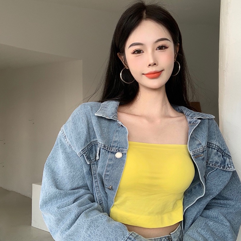 Áo Crop Top Hai Dây Có Mút Đệm Màu Sắc Trơn Phong Cách Hàn Quốc Thời Trang Cho Nữ