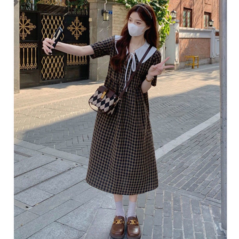 Đầm Chữ A Cổ Búp Bê Kẻ Sọc Ca Rô Thời Trang Mùa Hè Mới Cho Nữ