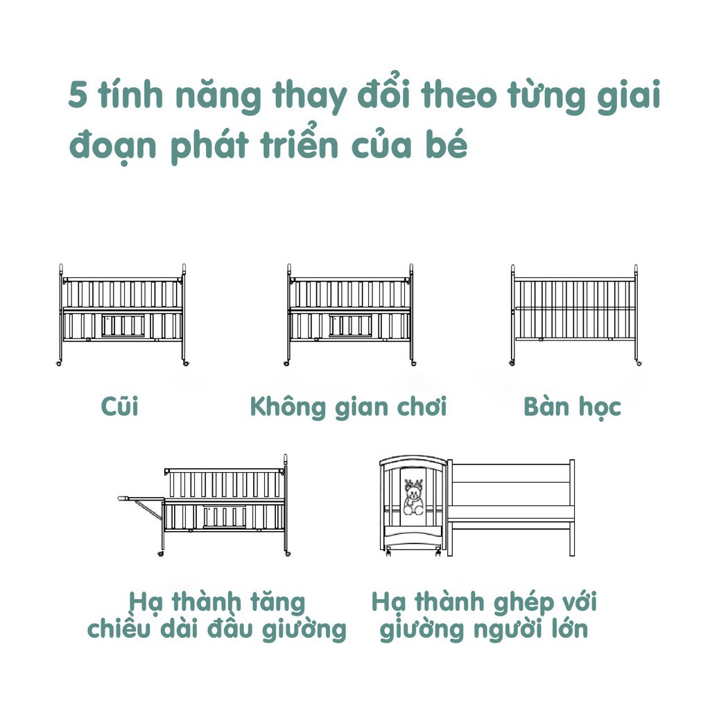 Nôi cũi UMOO tích hợp 5 trong 1 cho bé UM-08105