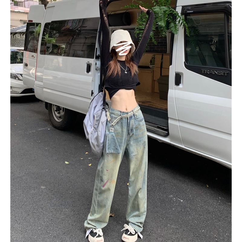 Quần Jean Dài Lưng Cao Ống Rộng Thời Trang Mùa Thu Cho Nữ Dễ Phối Đồ