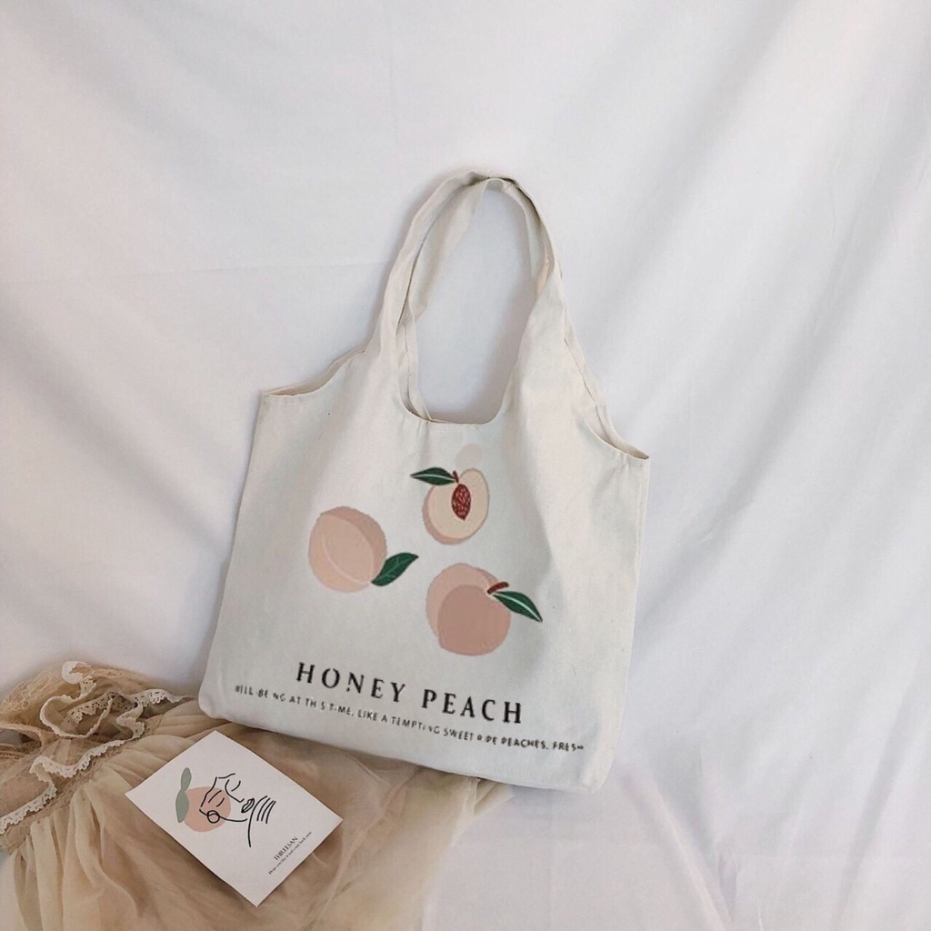 Túi tote Hazin túi vải canvas nữ hoạ tiết quả đào đựng vừa laptop cỡ lớn đeo vai phong cách ulzzang