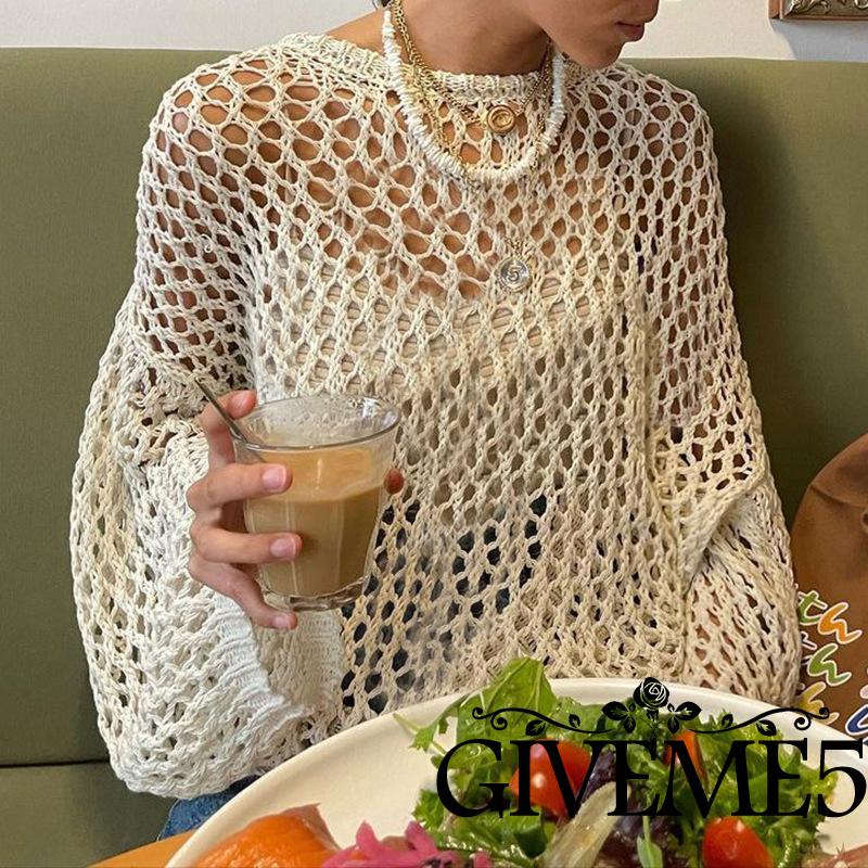 GIVEME-Women Sexy Hollow-out Knit Smock Blouse, Loose Round Neck Long Sleeve Fishnet Pullover Knitwear