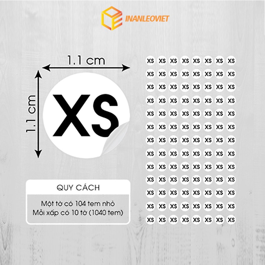 Nhãn Decal giấy In sẵn Size XS, S, M, L, XL, XXL kích thước 1.1cm chỉ cần gỡ và dán size áo, giày, dép 1 tờ 104 nhãn