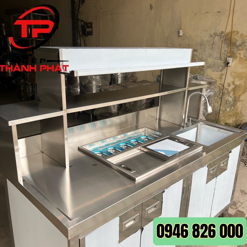 Quầy pha chế inox 1.6m, Thùng đá kèm 5 khay topping