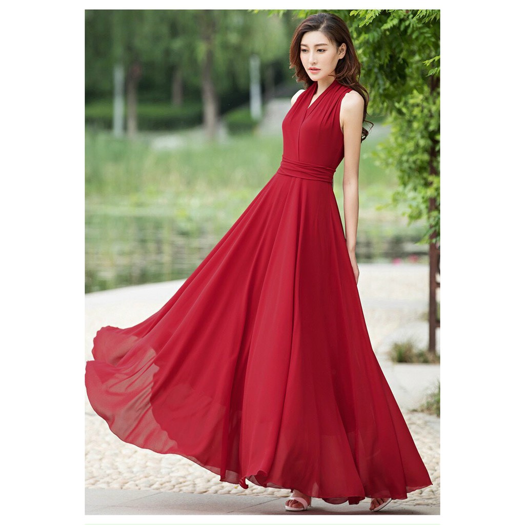 ĐẦM MAXI DÀI CỔ V SANG TRỌNG Chất: chiffon lót thun Màu: xanh coban, đỏ đô Kiểu dáng: đầm xoè dài cổ v, eo xếp li cách đ