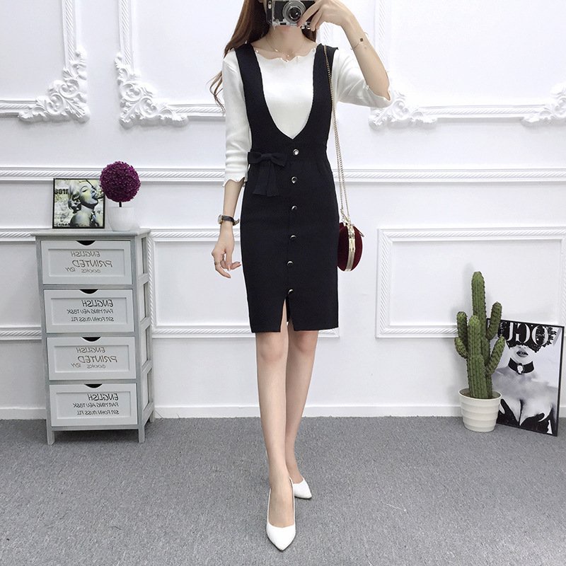 Đầm len nữ , đầm yếm ôm body phối cúc xinh xắn AL103
