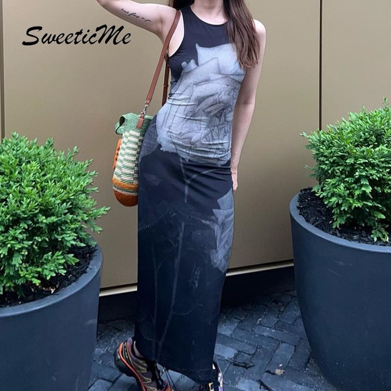 Đầm Cổ Tròn Không Tay Dáng Ôm In Họa Tiết Thời Trang   Gợi Cảm Cho Bạn Gái