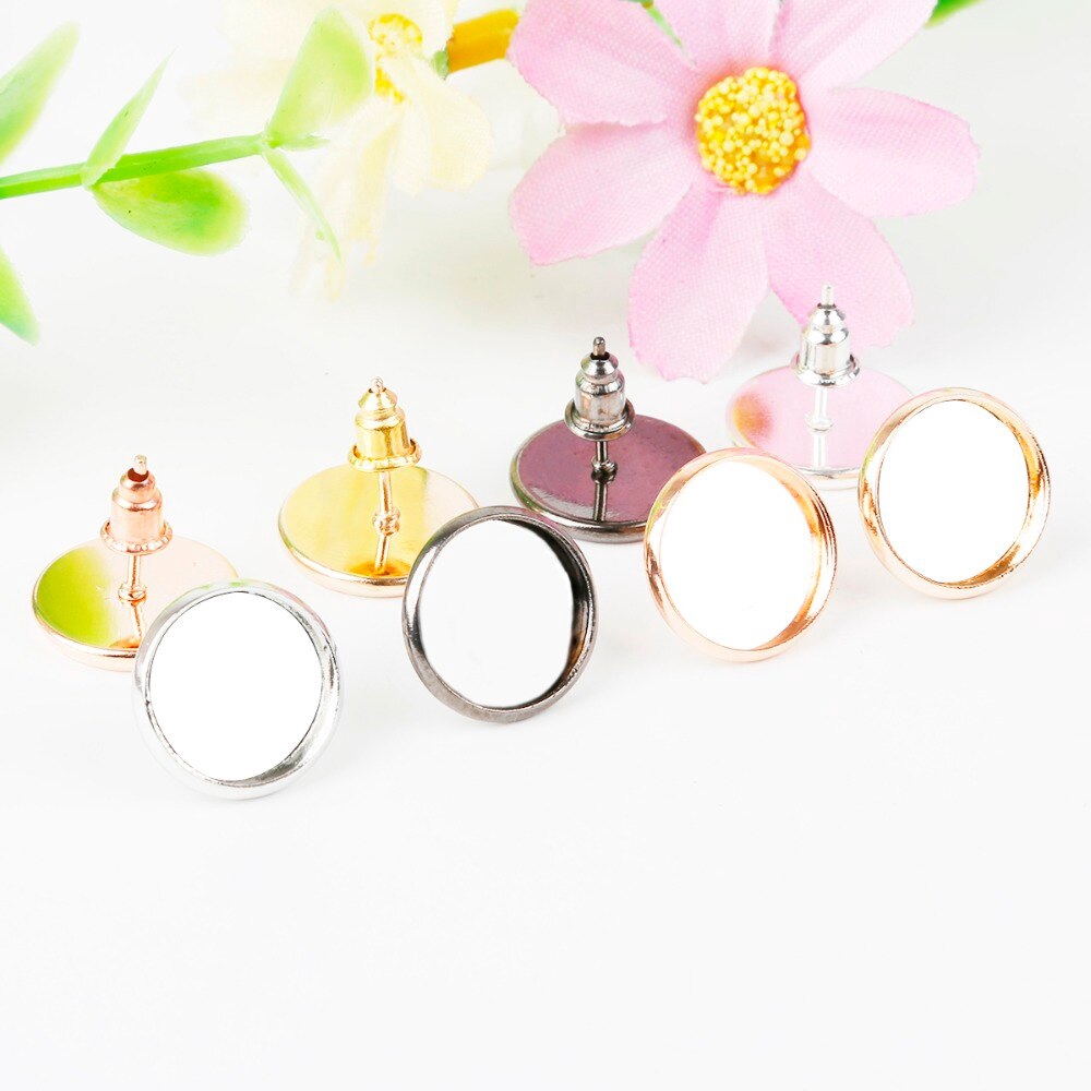 Bộ 50 khung khuyên tai / nút tròn trơn 14mm / kích thước đế 12mm mặt kính màu vàng / bạc / đồng