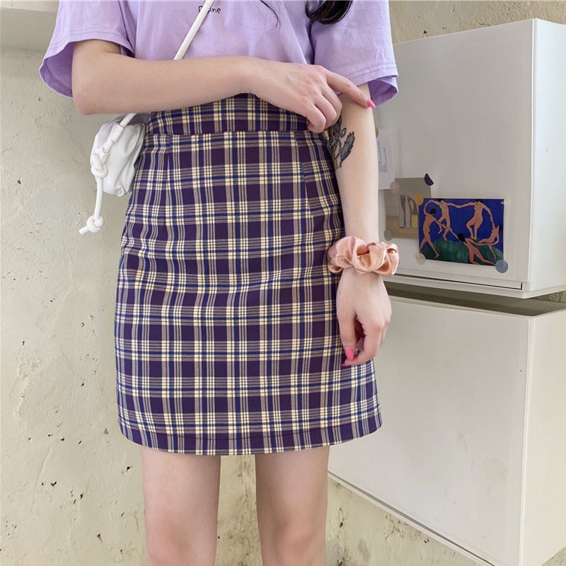 Korean High Waist Plaid Straight Skirt High Waist Was Thin Plaid Skirt