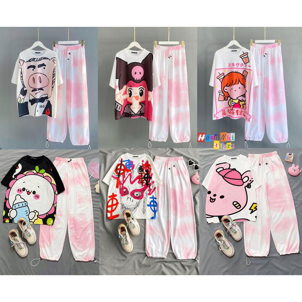 Set Bộ Áo Thun Tay Lỡ In Hình Tie Tee Phối Quần Jogger 3D Dây Rút Ulzzang Unisex Dáng Rộng - MM