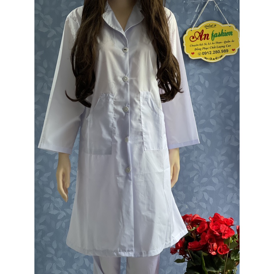 Combo cả bộ Áo Quần Mũ Blouse Trắng Điều Dưỡng, Áo Bác Sĩ, Dược Sĩ tay dài, dài gối _ Hình chụp thật