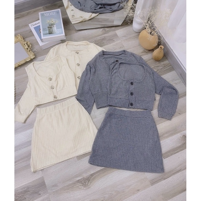 SET ÁO LEN HAI DÂY + CHÂN VÁY + ÁO KHOÁC LEN CROPTOP [kèm ảnh thật]
